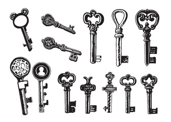 Vintage Key Illustration Set, Key Tattoo Sheet, Vintage Keys