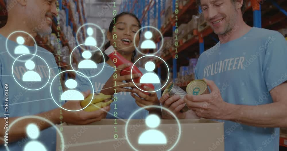 Poster animation of network of icons with binary coding over diverse volunteers in warehouse