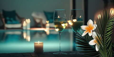  Luxury resort pool palm glasses of wine and candles with tropic roses flowers spa relaxing  generated ai - 581614051
