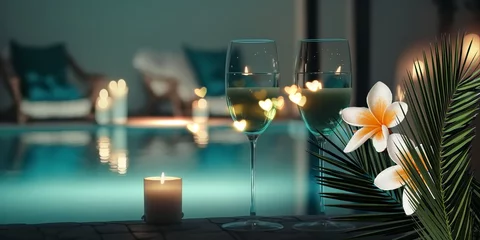 Fotobehang  Luxury resort pool palm glasses of wine and candles with tropic roses flowers spa relaxing  generated ai © Aleksandr