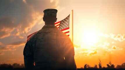 Soldier and USA flag on sunrise background .Concept National holidays , Flag Day, Veterans Day, Memorial Day, Independence Day, Patriot Day. Generative AI - obrazy, fototapety, plakaty