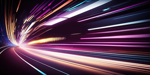Speed light streaks background with blurred fast moving light effect, blue purple colors on black. Racing cars dynamic flash effects city road with long exposure night lights by ai generative