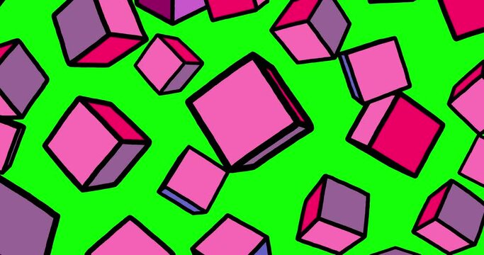 Wipe transition cubes cartoon 3d pink blue color. Linear doodle black outline animation figure rotation. 24 fps version. Seamless loop greenbox isolated keyable. Motion design element.