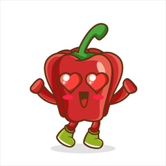 the falling in love expression of a cute red bell pepper with heart shaped eyes , Cute red bell pepper character design. Happy vegetable vector illustration. Cartoon red bell pepper flat design.