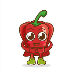 Cute happy super hero red bell pepper, Superhero Vegetables in a superhero costume, mask and cloak. Vector concept illustration in a flat style for a healthy eating and lifestyle.
