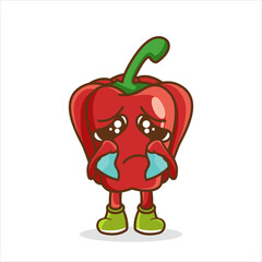 Crying face on red bell pepper illustration, Cute funny crying sad red bell pepper character.