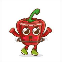 cute red bell pepper cartoon is playing hula hoop. red bell pepper rotates the hula hoop on white background. Sport concept.