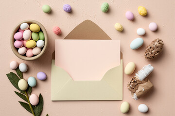 Fototapeta na wymiar Top view photo of pink envelope with paper sheet colorful happy easter