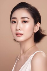 Fototapeta premium Pretty woman of Asian appearance makeup luxury charm beige background, Generative AI