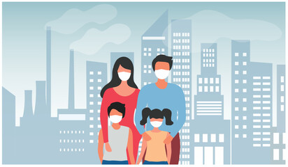 family wearing protective mask with city buildings and smoke dusts floating in the air.  PM2.5 pollution protection concept vector illustration.