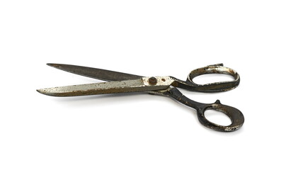 Open old tailor shears isolated on white background