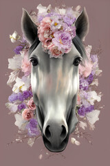 Horse with floral decorations on its head. generative AI