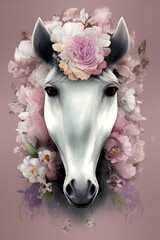 Postcard. Horse with floral decorations on its head. generative AI