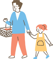 買い物カゴを持って買い物をする親子_色