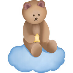 Teddy bear holding golden star and sitting on the cloud clipart. Watercolor animal illustration isolated on transparent background.