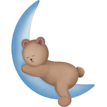 Cute teddy bear sleeping on the crescent moon. Watercolor animal illustration.