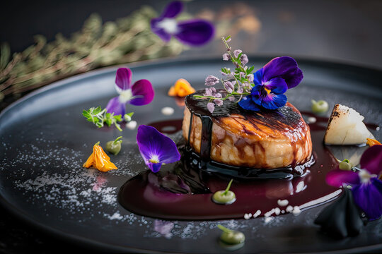  Gourmet foie gras dish with a rich red wine reduction and caramelized pear, garnished with edible flowers and a sprinkle of sea salt, served on a sleek black slate AI GENERATIVE