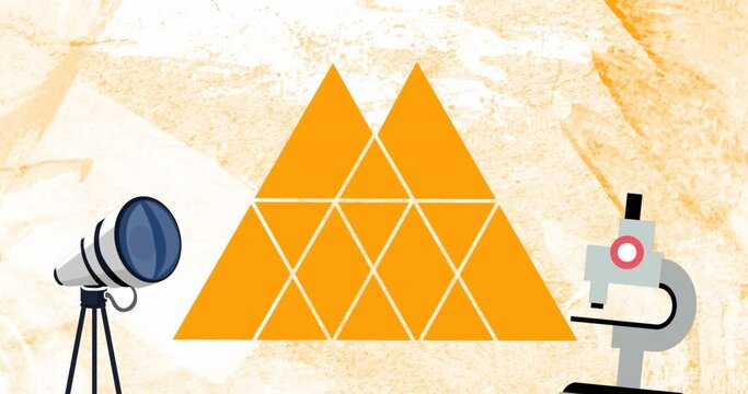 Animation of telescope and microscope icon over triangular abstract shape against grunge background