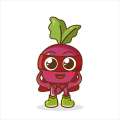 Cute happy super hero beetroot, Superhero Vegetables in a superhero costume, mask and cloak. Vector concept illustration in a flat style for a healthy eating and lifestyle.