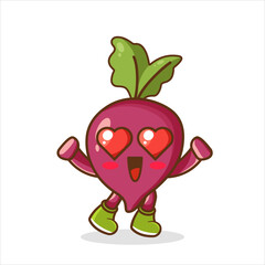 the falling in love expression of a cute beetroot with heart shaped eyes , Cute beetroot character design. Happy vegetable vector illustration. Cartoon beetroot flat design.