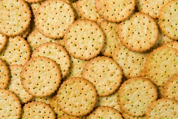Group of tasty crackers or biscuit texture background.