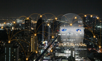 Artificial intelligence, AI everywhere and is omnipresent. The overlay robotic figure on a city background with an active network. Every person on earth can benefit from the Ai technology concept.