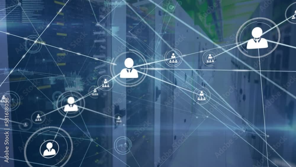 Aufkleber animation of network of connections with icons and data processing over server room