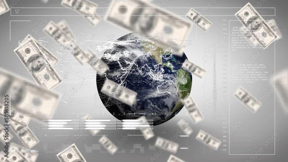 Poster animation of dollar banknotes and data processing over globe on white black background