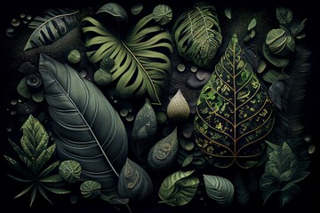 abstract patterns covered in lush plants on a mossy rock, rainy, wet, minimal, shapes, dark background