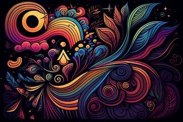doodle style background, wallpaper, dark and colorful theme