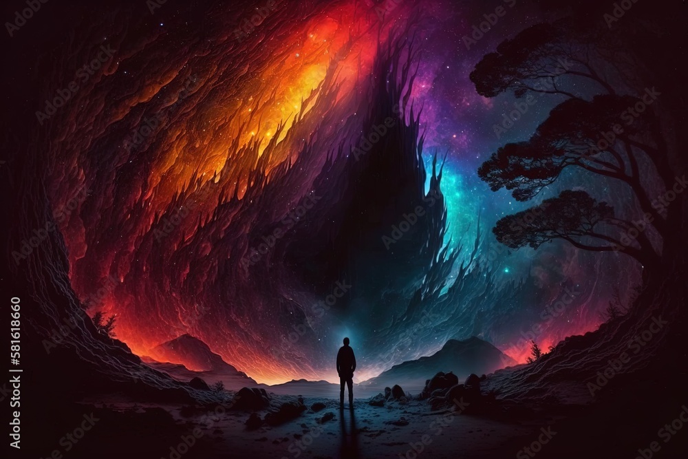 Poster mysterious cosmos of colorful light and shadow generative ai
