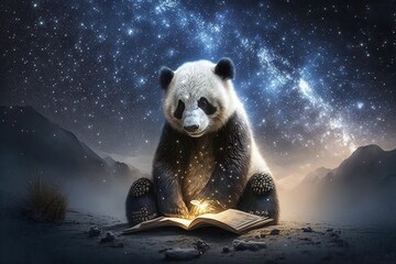 Mystic Panda - Marveling at the Magical Spell of the Glittering Starry Night Generative AI