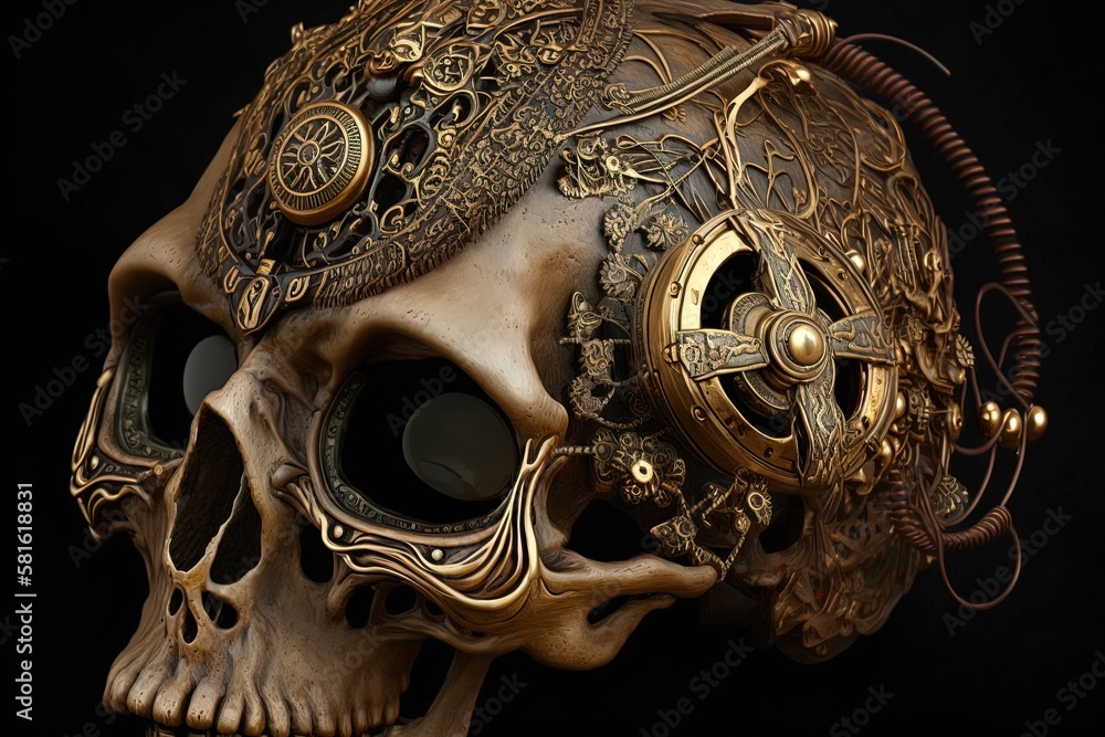 Poster artificial ethers and clockwork eyes - the uncanny faces of a steampunk skull generative ai