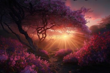 Obraz na płótnie Canvas Alluring Glorious Rays of Blushing Springtime Sunset Generative AI