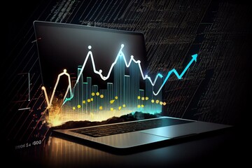 Laptop with virtual increasing technical graph and up arrow for trader analysis, chart trader, invtestment