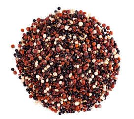 Quinoa seeds isolated on white background. Mix of white, red and black quinoa. Top view.