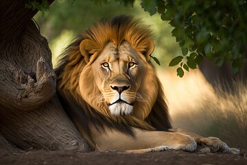 Regal Lion Taking a Leisurely Break in the Shade on Lush Savannah, generative AI