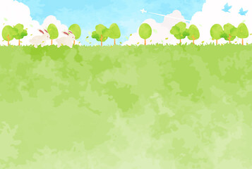 爽やかな緑と可愛いウサギの風景イラスト