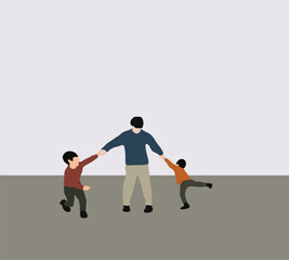 Father with two kid playing together at the public park carefree happy fun smiling lifestyle. Fathers day. Childhood, parenting, happiness concept