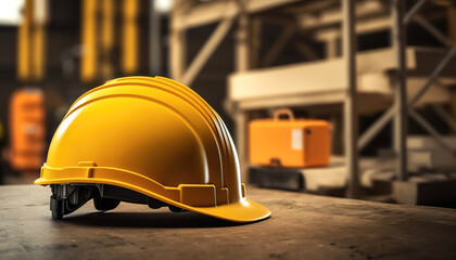3D Illustration Digital Art. Close-up on one safety matte yellow plastic helmet on a metal table indoors with a clean cold modern industry background.	