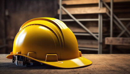 3D Illustration Digital Art. Close-up on one safety matte yellow plastic helmet on a metal table indoors with a clean cold modern industry background.	