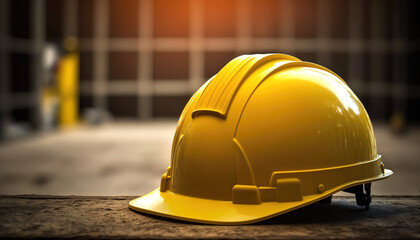 3D Illustration Digital Art. Close-up on one safety matte yellow plastic helmet on a metal table indoors with a clean cold modern industry background.	