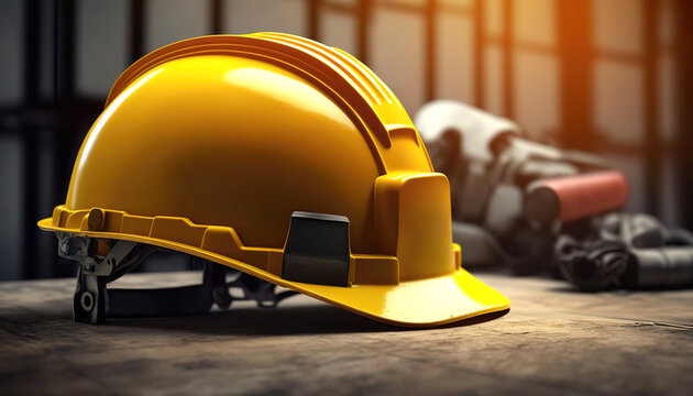 3D Illustration Digital Art. Close-up on one safety matte yellow plastic helmet on a metal table indoors with a clean cold modern industry background.	