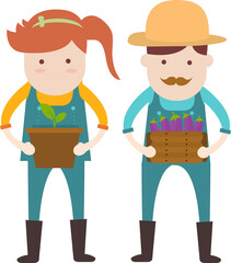 Farmer man and woman with Eggplant basket and Potted seedlings  illustration

