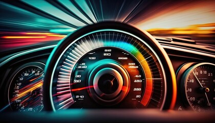 dashboard car in long exposure dynamic speed colorfull light trails background. cyber punk, drift by ai generative