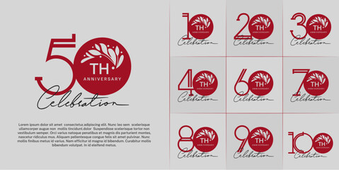 set of anniversary logotype red color with ornament and handwriting for special celebration event