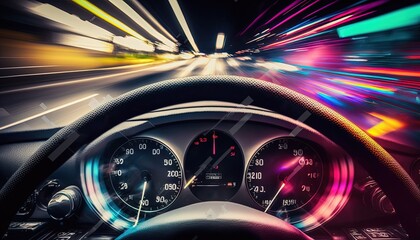 Obraz na płótnie Canvas dashboard car in long exposure dynamic speed colorfull light trails background. cyber punk, drift by ai generative