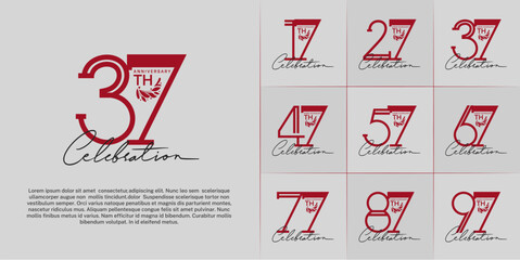 set of anniversary logotype red color with ornament and handwriting for special celebration event