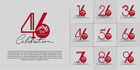 set of anniversary logotype red color with ornament and handwriting for special celebration event
