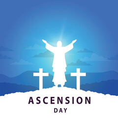 Fototapeta na wymiar ascension day with illustration of jesus statue on blue sky background